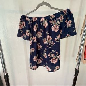 Sweet wanderer off the shoulder navy blue pink and green floral blouse